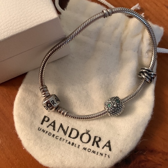 Pandora bracelet two charms Owl & love knot and pouch Sterling silver never worn - Picture 10 of 10